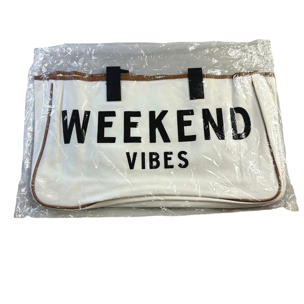 Weekend Vibes Canvas Tote Bag Cream Black Brown Travel Beach Bag NEW